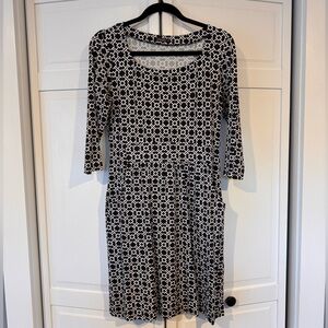 Black and white (maybe navy) geometric print dress